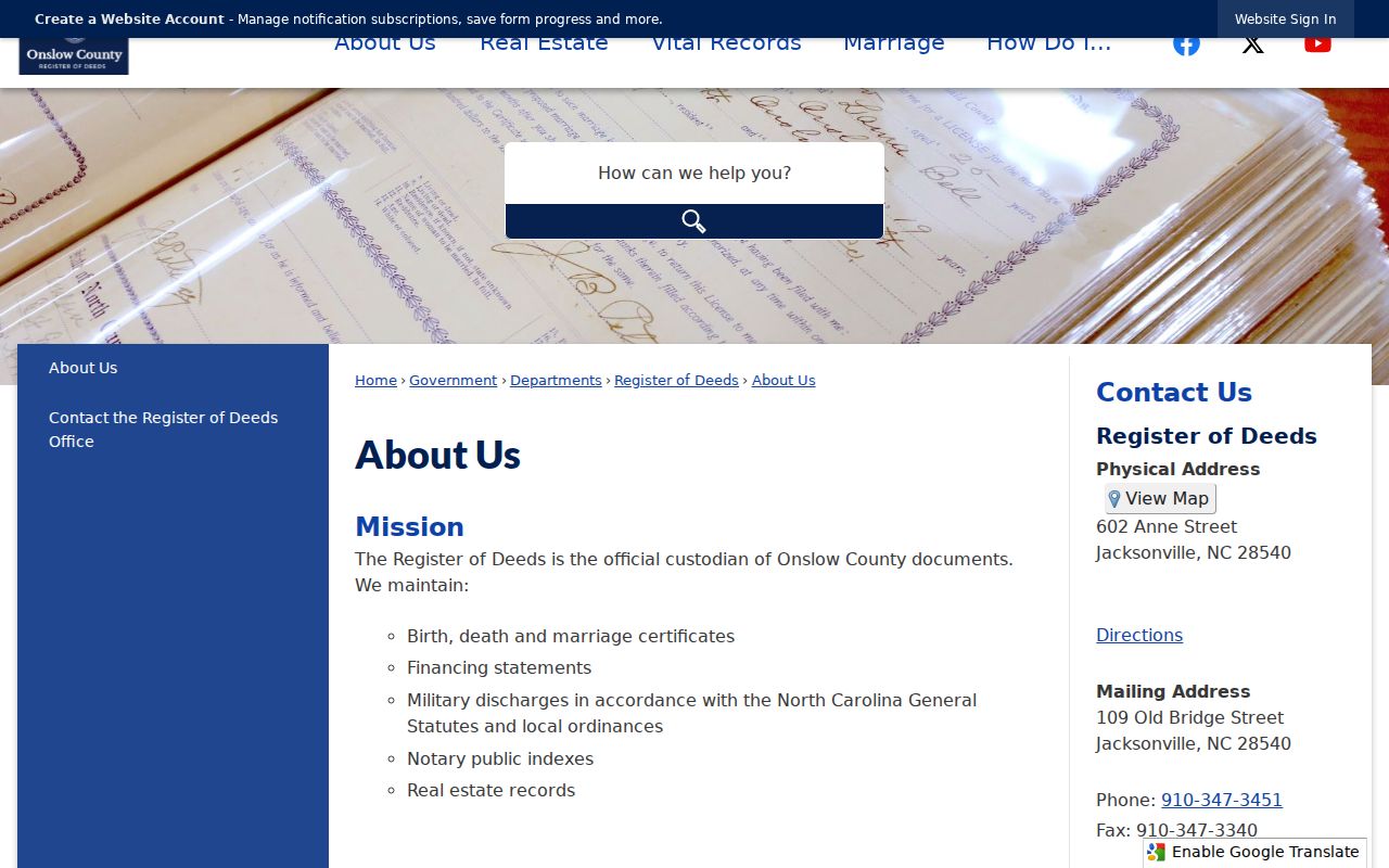 Jacksonville street directory Onslow Register of Deeds office information
