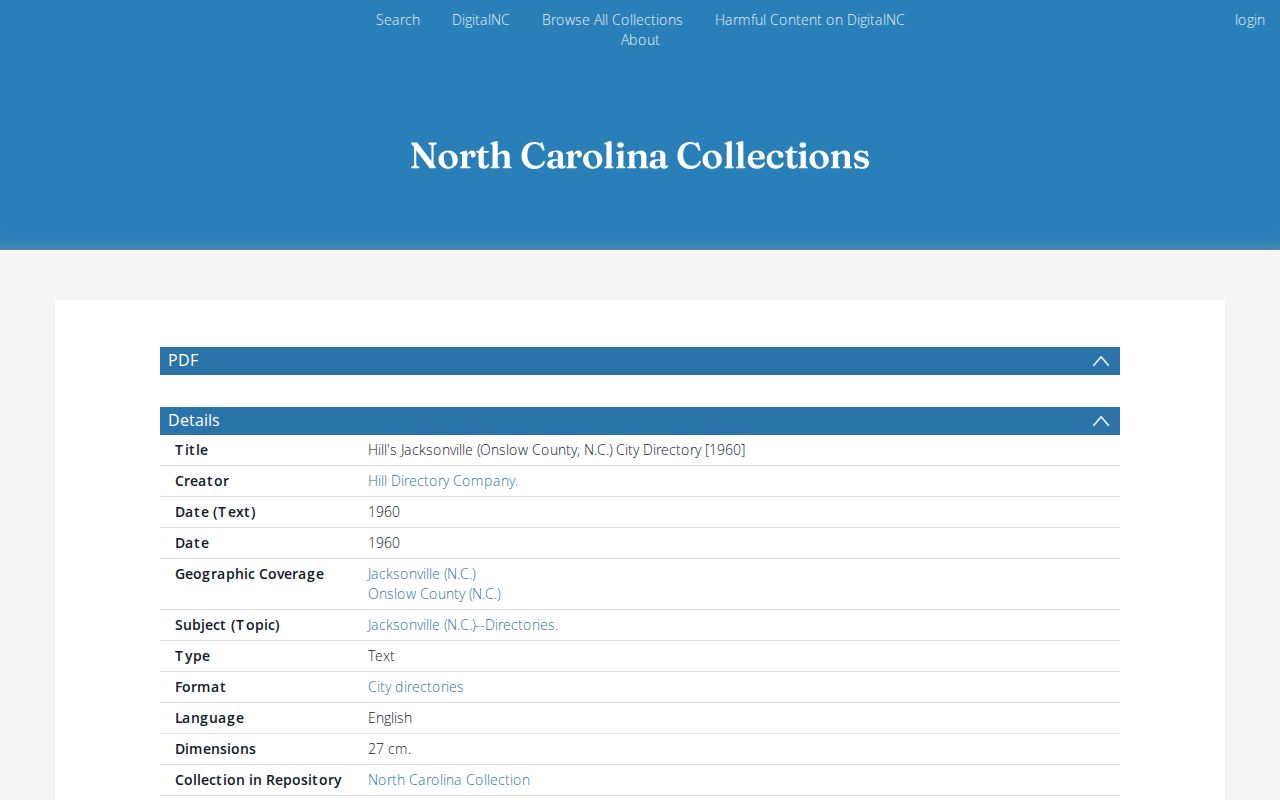 Jacksonville city directory DigitalNC record for the 1960 four-part edition